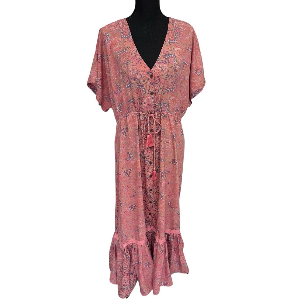 Boemo Bohemian Floral Tiered Maxi Dress Hippie Paisley Artsy Front Buttons‎ Med